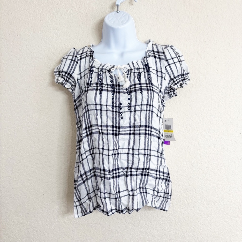 Black and White Smocked Blouse with Cap Sleeves and Rounded Neckline